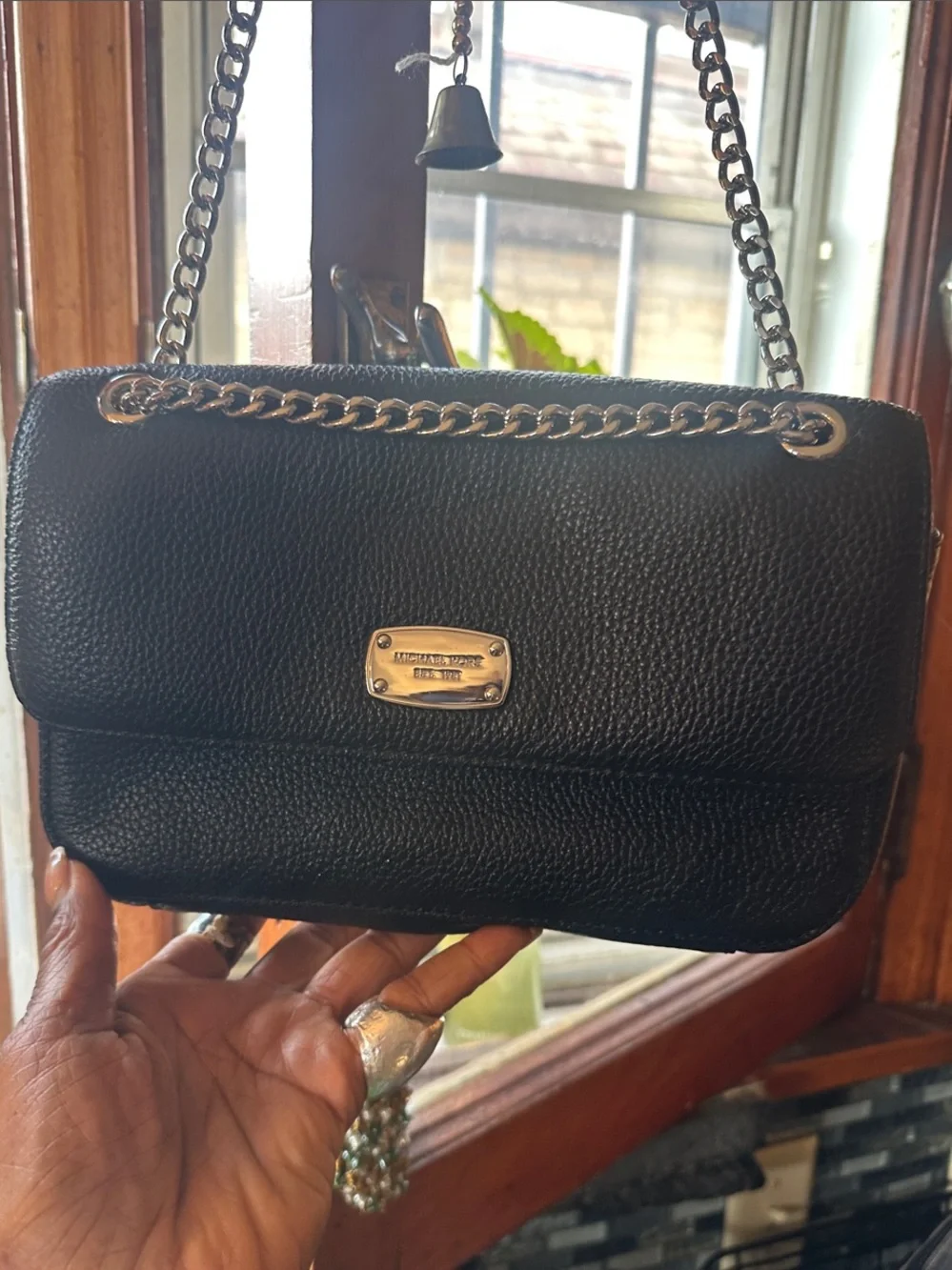 Michael Kors Black Pebbled Leather Chain Crossbody Bag chain strap